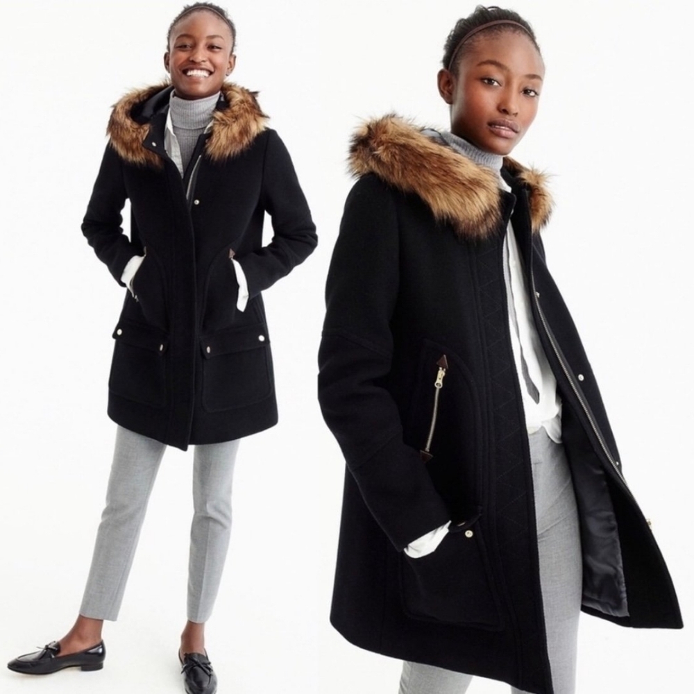 J.Crew Chateau Parka Italian Stadium Cloth Wool Coat Black Sz 2